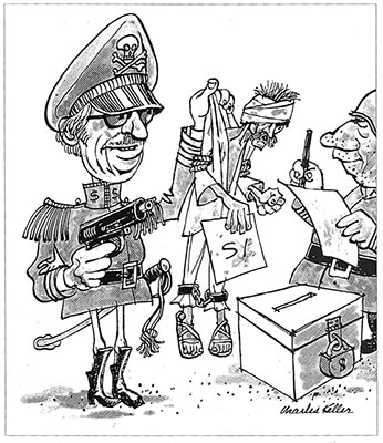 Political Cartoon, Pinochet: 'Here's another supporter for the regime.' by Charles Keller.